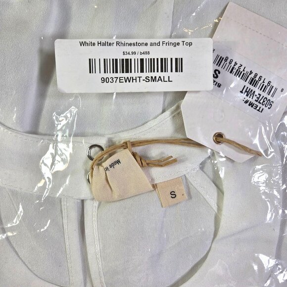 GRACE & EMMA White Halter Top Rhinestone Fringe Light Weight Womens Small New - Picture 3 of 10